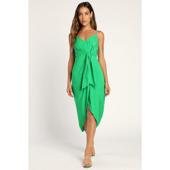 Lulus Made To Be Memorable Green Swiss Dot Tie-front Tulip Midi Dress - Size L - Picture 1 of 3